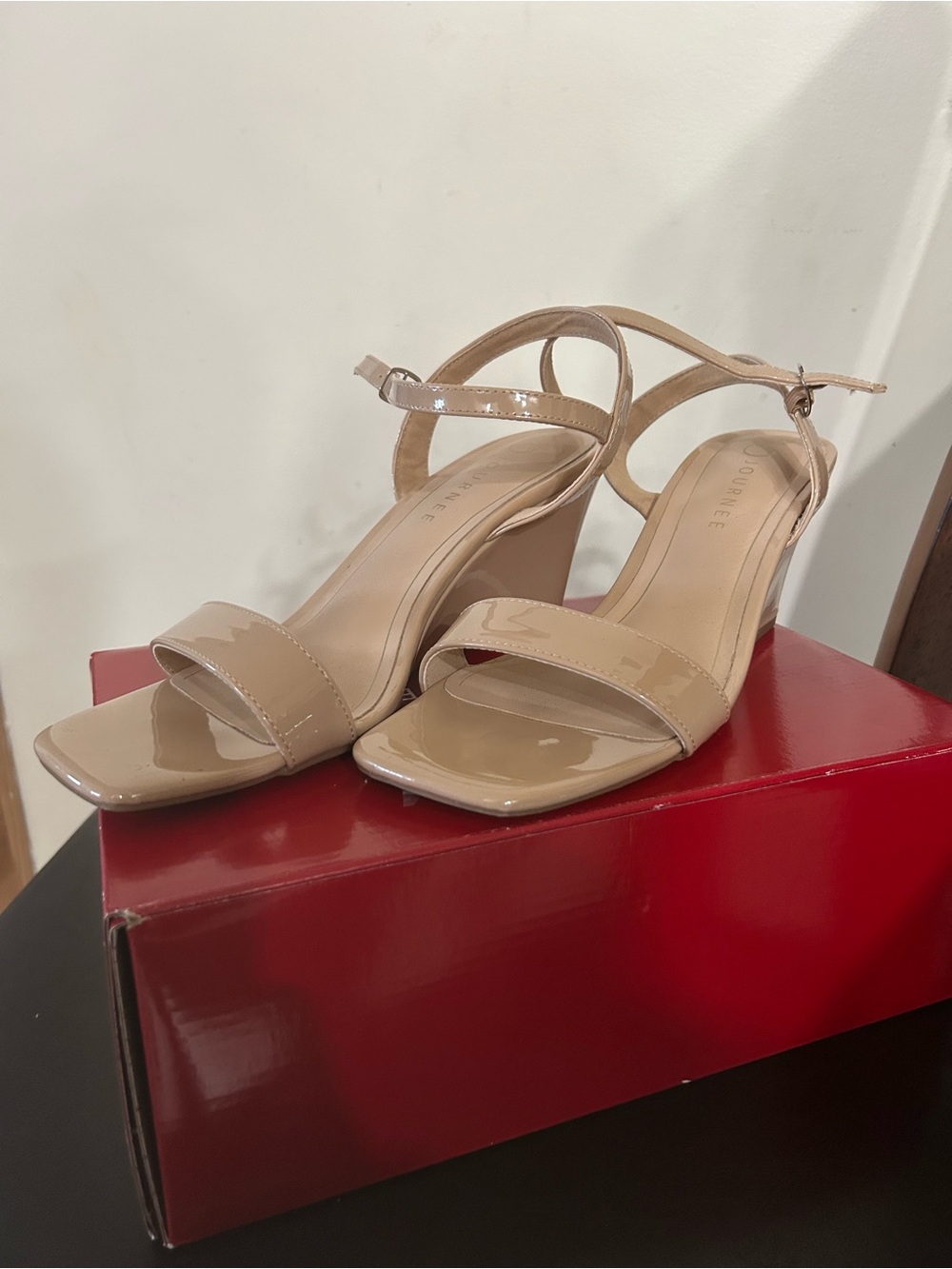 Journee Patent Leather Nude Block Heel Sandals with Ankle Strap